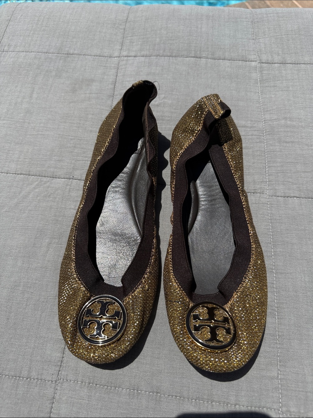 Tory Burch Gold Glitter Ballet Flats with Logo Medallion